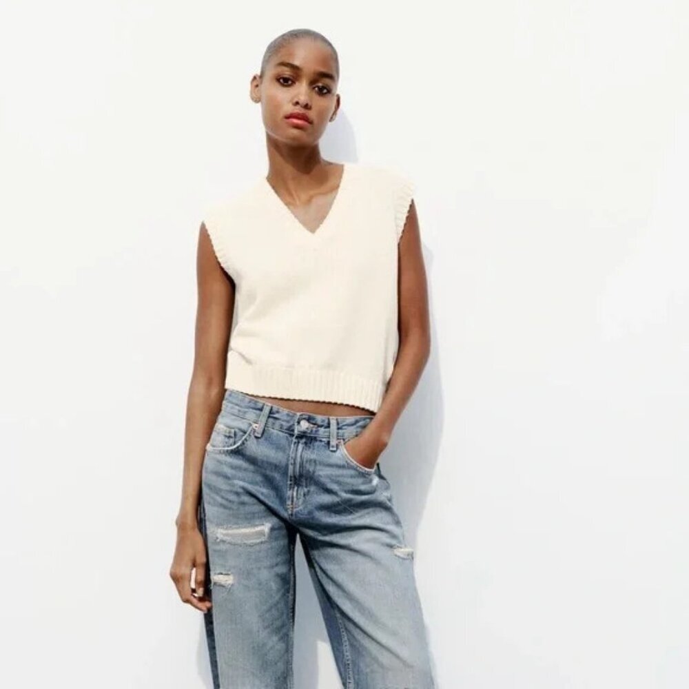 Zara Cream Cotton Blend‎ Knit Sweater Vest